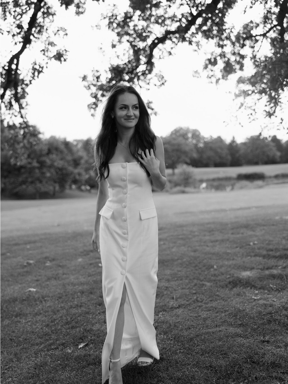Elegant White Button-Front Engagement Dress